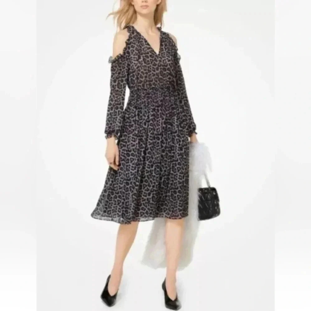 Michael Kors Leopard Print Cold Shoulder Chiffon Midi Cocktail Dress Size M